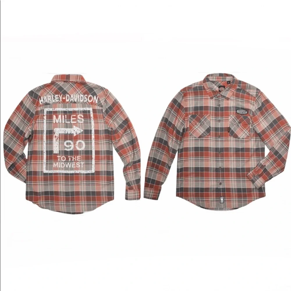 HARLEY-DAVIDSON Men’s Garage Collection Orange Plaid Slim Fit Shirt S - Picture 2 of 13